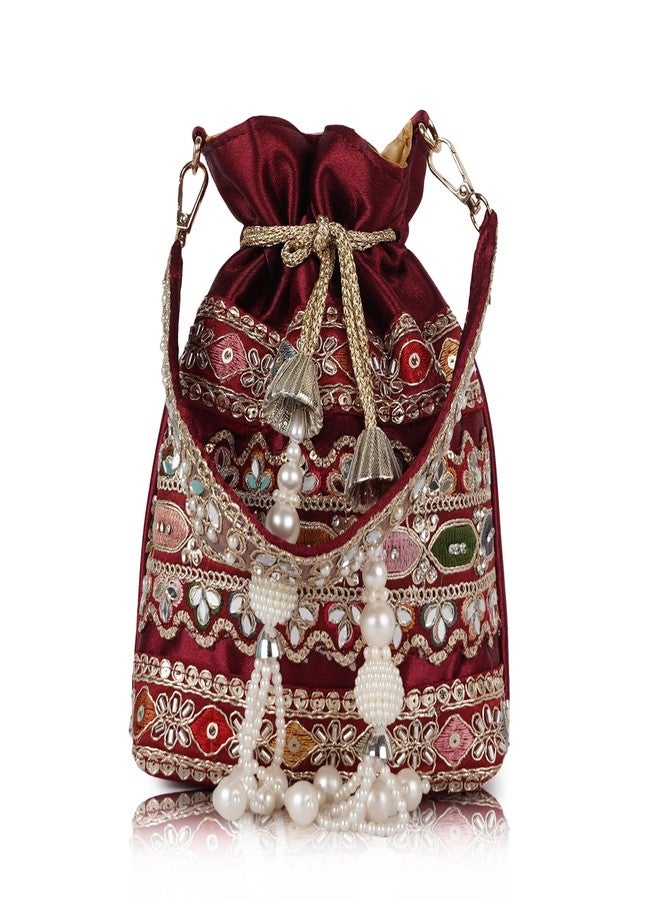 PLANX Velvet SilK Stylish Fancy Embroidery Unique Design Traditional Ethnic Wedding Party Handheld Potli For Women - Image 1